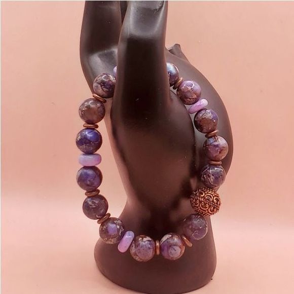 Purple Imperial Jasper, Morado Opal and Copper Beaded Bracelet - Picture 2 of 6